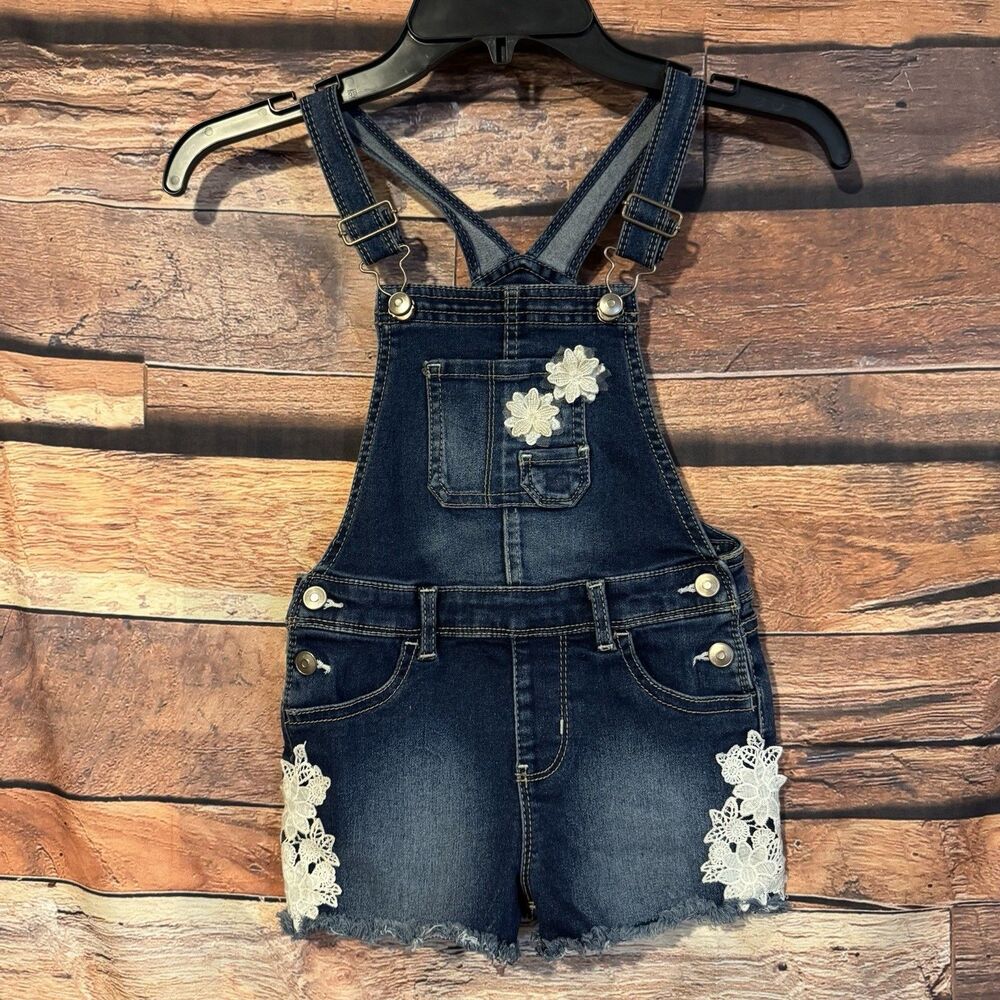 Wonder Nation Girls Jean Overalls Shorts 5T Dark Wash Floral Lace Denim Shortall